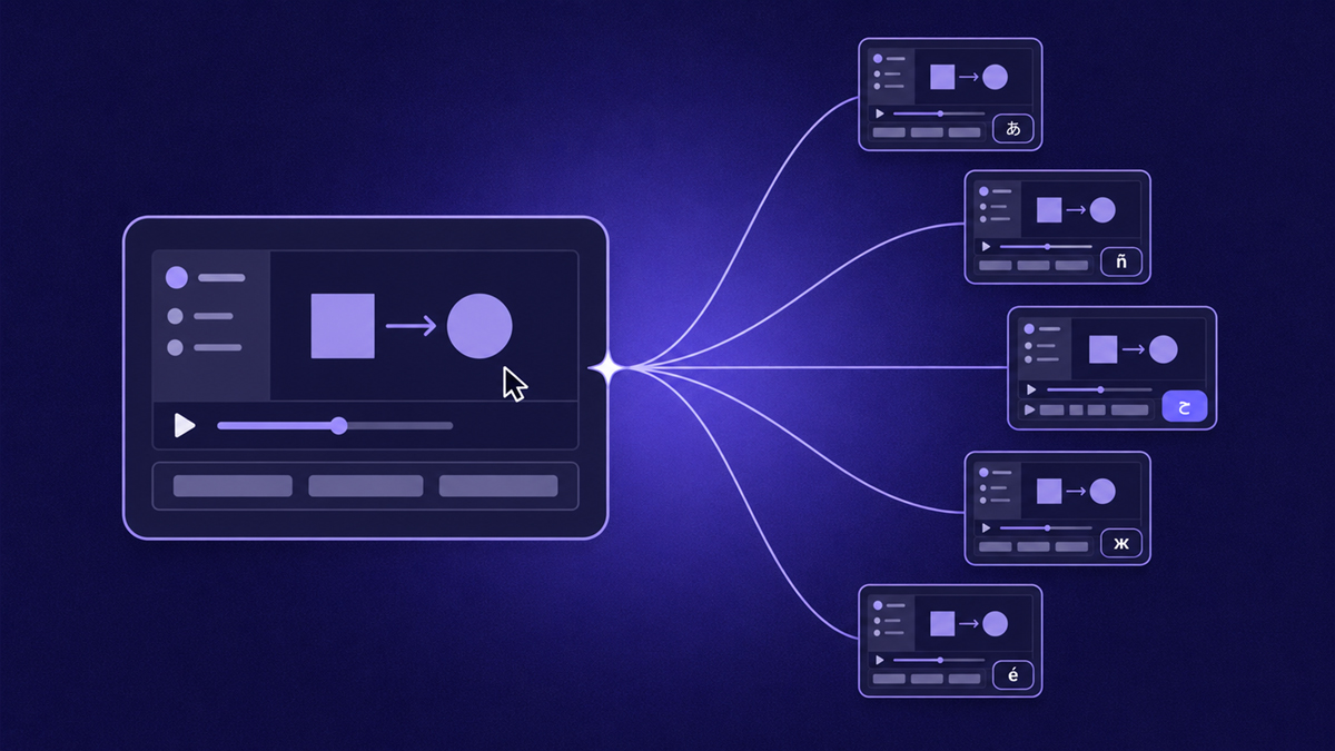 One tutorial recording branching into several language versions with dubbed voice, captions, and a written guide for each locale