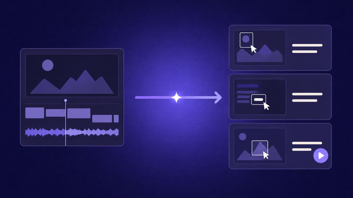 A software workflow being turned into a tutorial video with zoomed click steps and captions