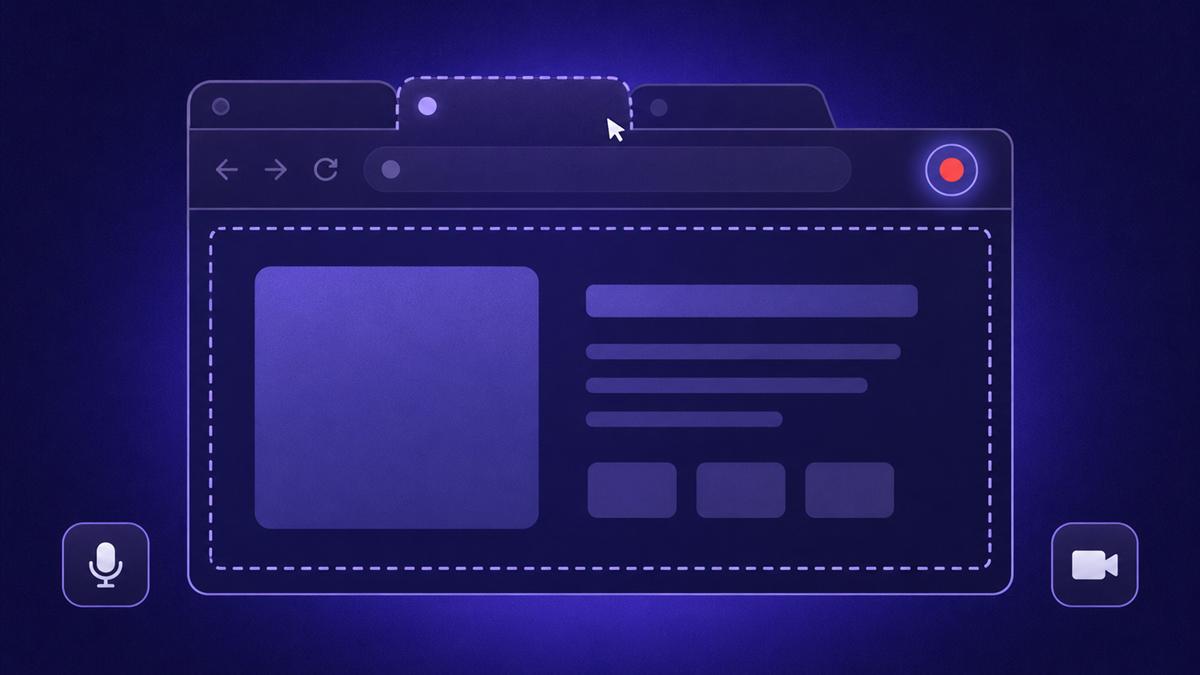 A Chrome browser window being recorded with a recording toolbar visible and tab audio controls open