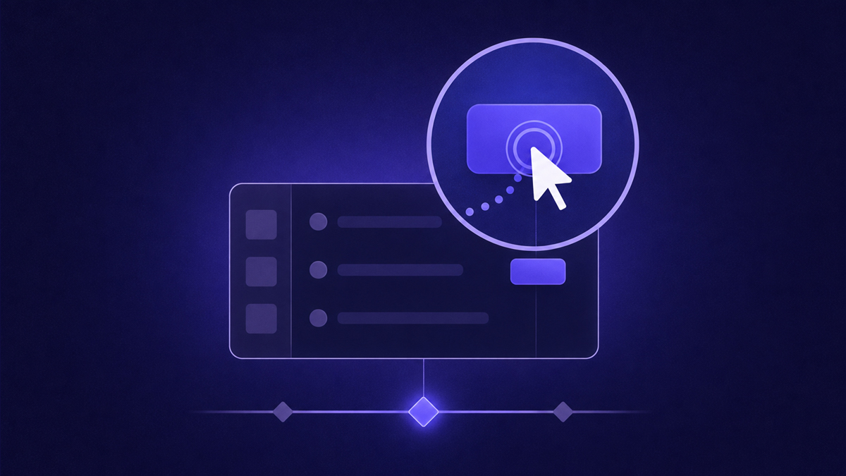 A screen recording frame showing an eased zoom pushing in on a clicked button with the rest of the interface visible around it
