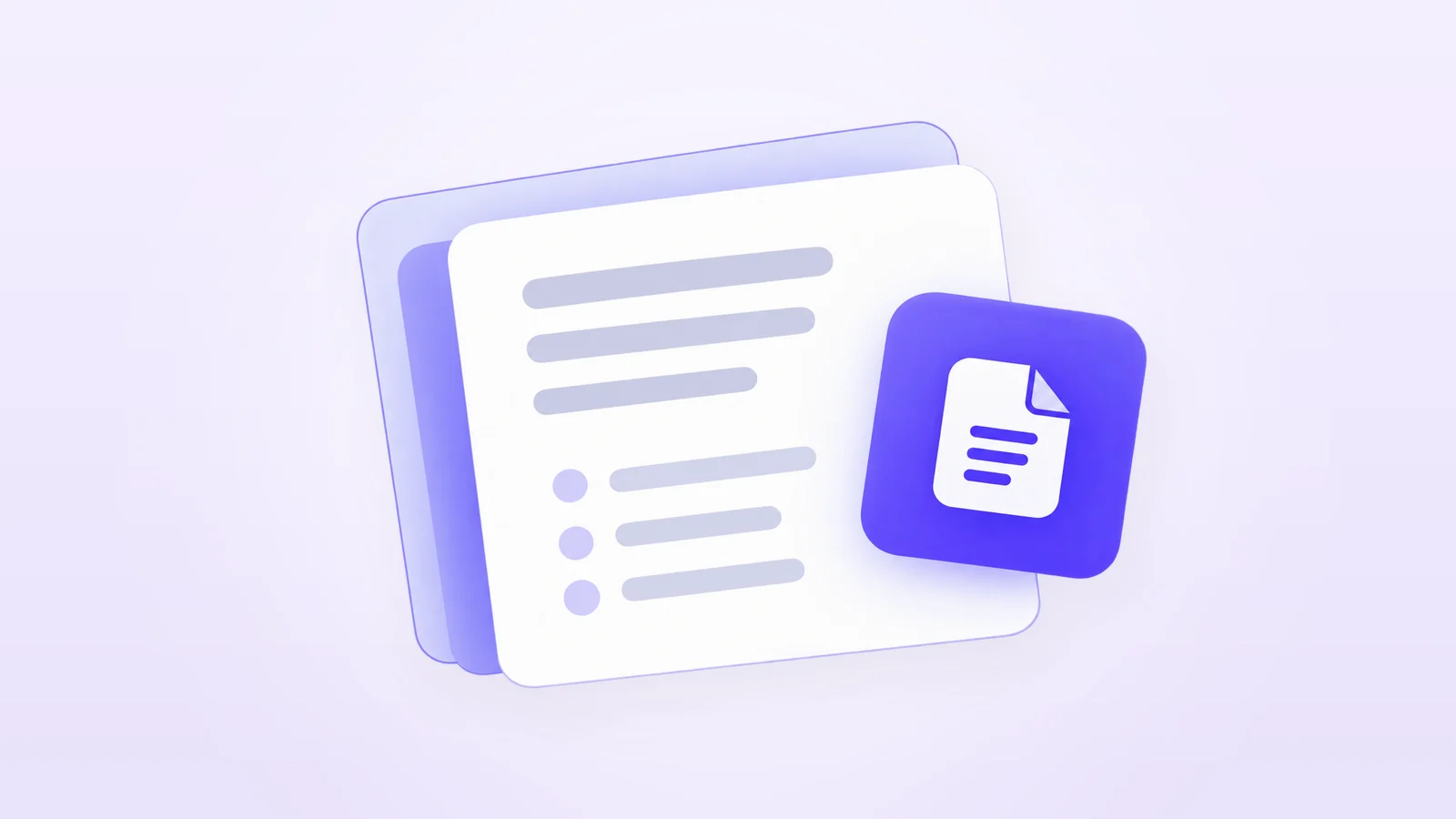 A procedure page with three lines of text and three bulleted steps, stacked over two more pages, with an indigo document badge beside it on a pale lavender background