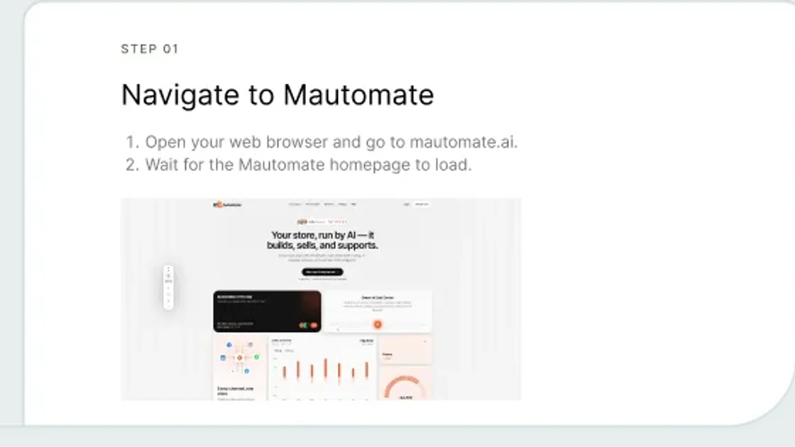 One step of a stepvideo written guide: the label Step 01, the title Navigate to Mautomate, two numbered instructions and a screenshot of the Mautomate homepage