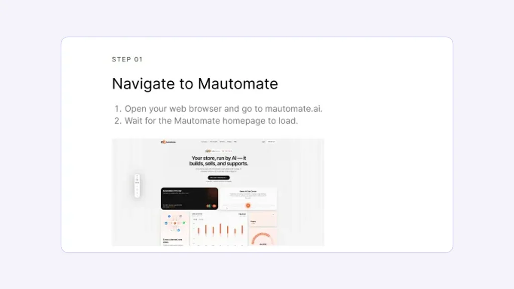 A page of a generated guide: Step 01, Navigate to Mautomate, two numbered instructions and the screenshot from that step