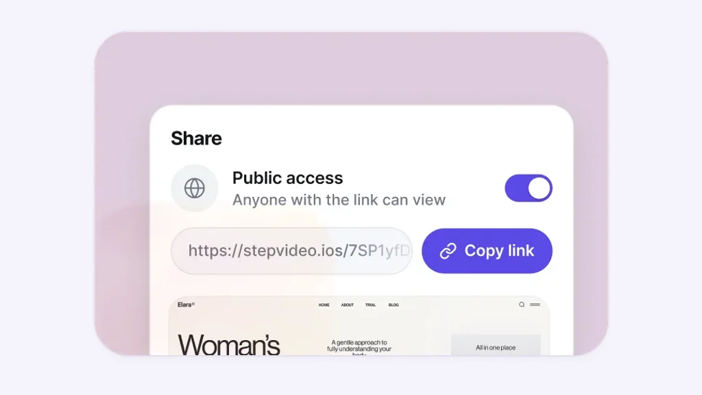 A share panel reading Anyone with the link can view, with a stepvideo share link and a Copy link button