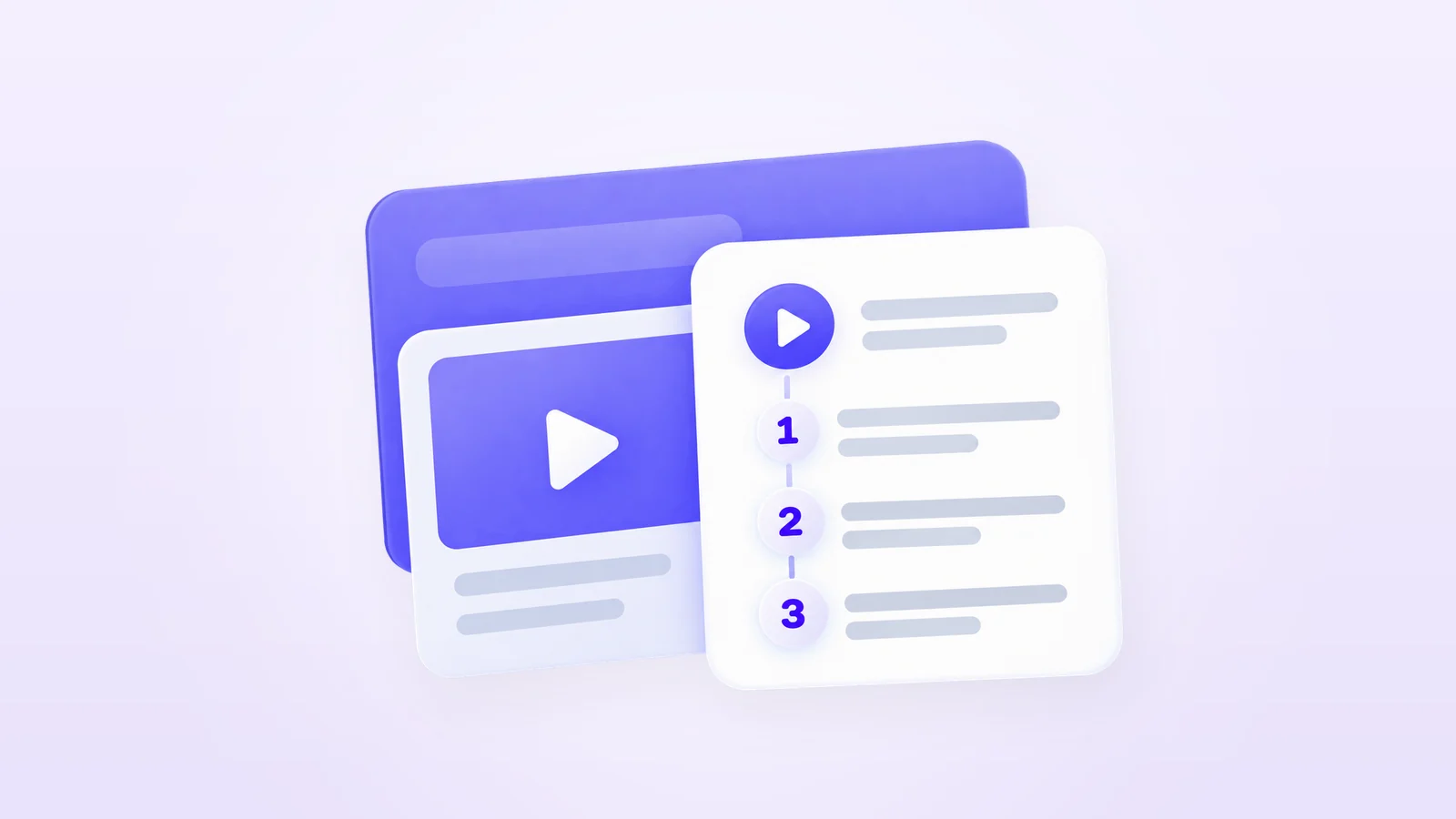 A knowledge base article layout: a short video in a browser window beside a card of three numbered steps, on a pale lavender background