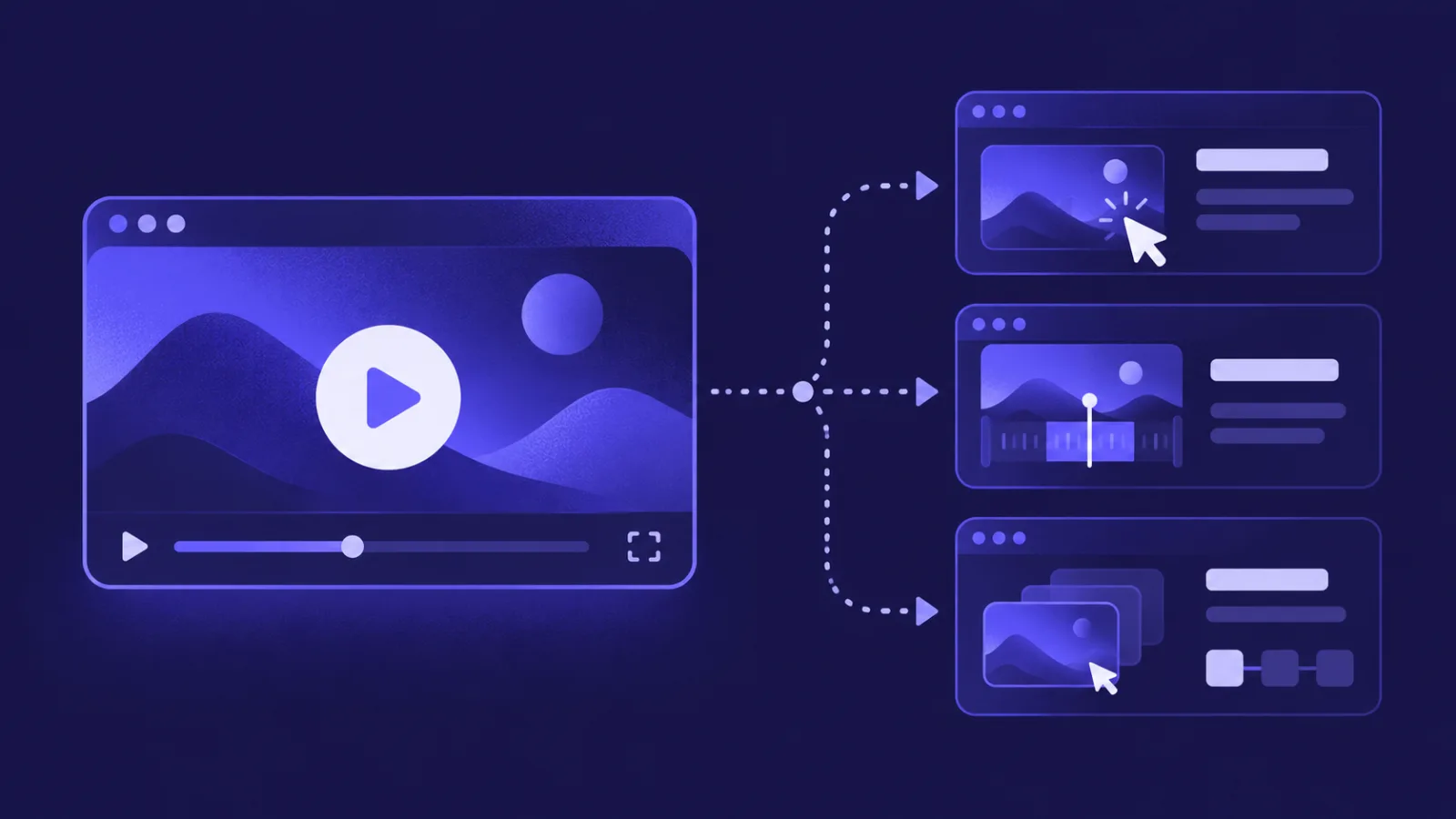 On the left a single video frame with a play symbol; on the right the same recording broken into three numbered step cards, joined by a dotted path