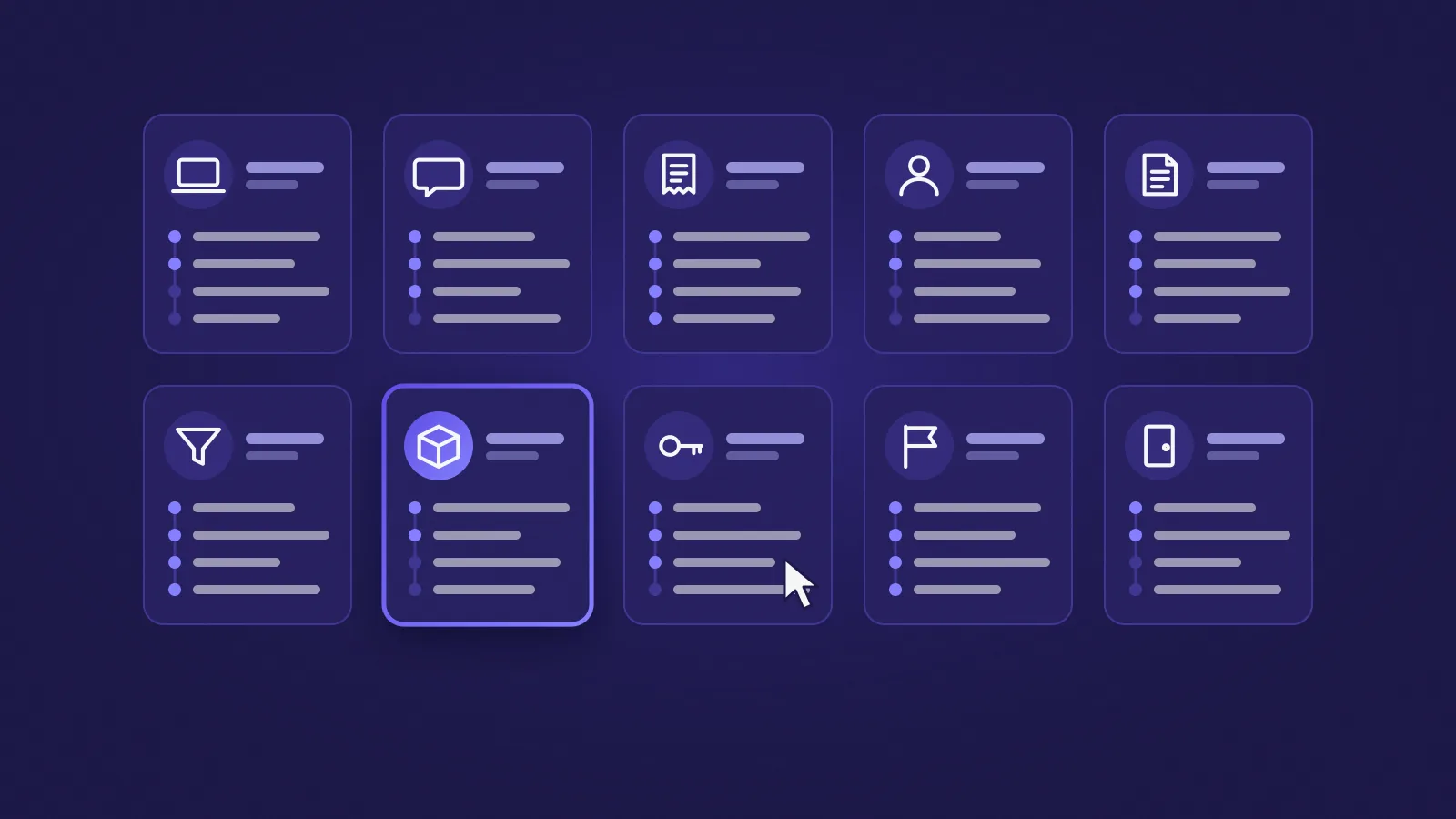 Ten dark cards in two rows, each with a simple icon such as a laptop, a chat bubble, a receipt or a key above a short dotted list of steps, one card highlighted