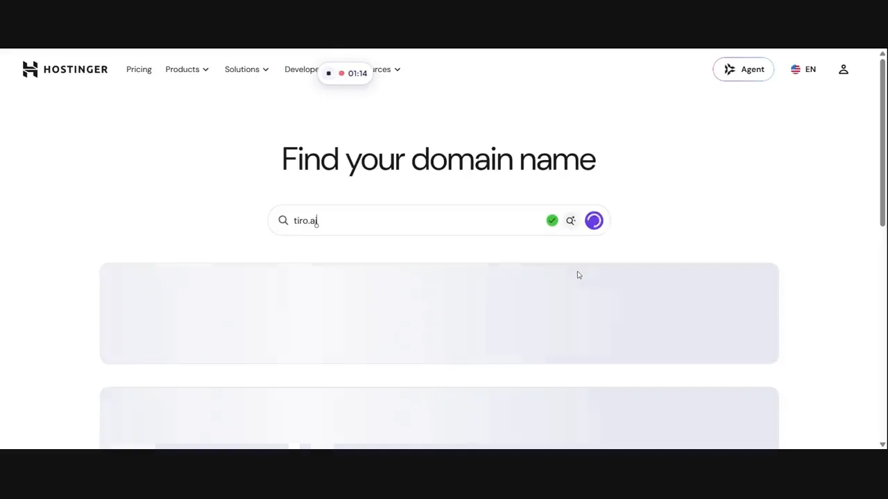 Raw screen recording of a Hostinger page titled Find your domain name, with tiro.ai typed in the search box, results still loading below, and a recording bar at the top