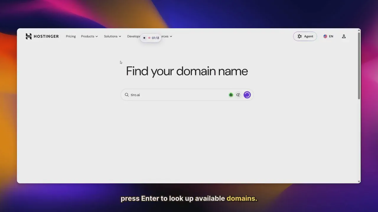 The same Hostinger search page in the finished video, framed on a colorful backdrop with the caption press Enter to look up available domains along the bottom