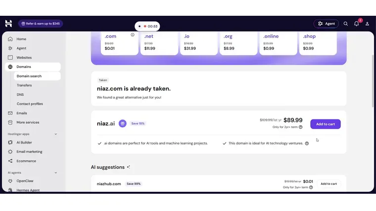 Screenshot from a generated guide: Hostinger's domain search results saying niaz.com is already taken and offering niaz.ai with an Add to cart button