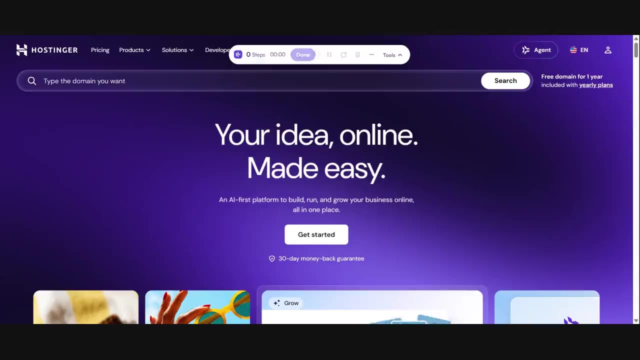 The untouched capture: a Hostinger page in Chrome with the stepvideo recording bar at the top, showing the step count, the timer and the Done button