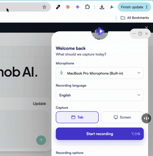 The stepvideo recorder open in Chrome, ready to start a recording