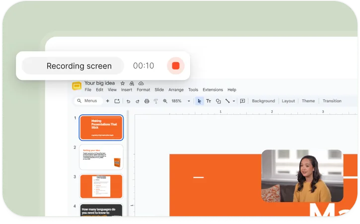 Recording bar reading 'Recording screen 00:10' over a Google Slides deck, with the presenter's webcam in the corner of the slide