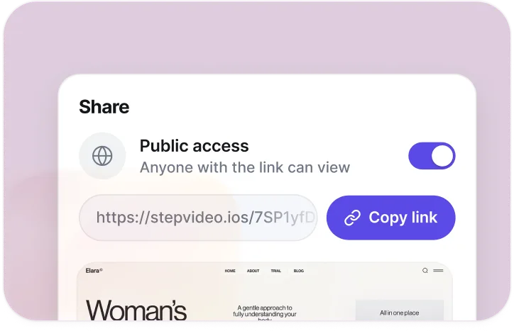 Share dialog with Public access switched on, 'Anyone with the link can view', a stepvideo share link and a Copy link button