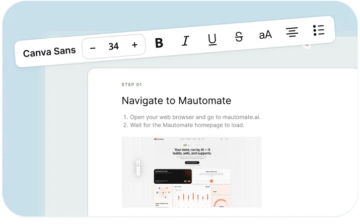 A page of a generated guide: 'Step 01, Navigate to Mautomate', two numbered instructions and the step's screenshot, with a text formatting toolbar above it