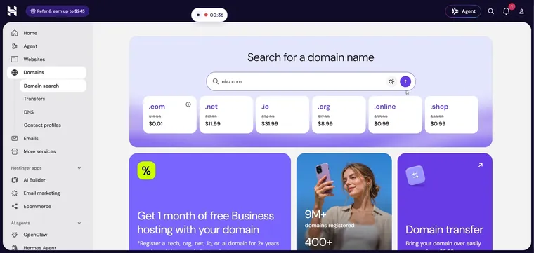 The domain search box reading niaz.com, with the pointer on the search button
